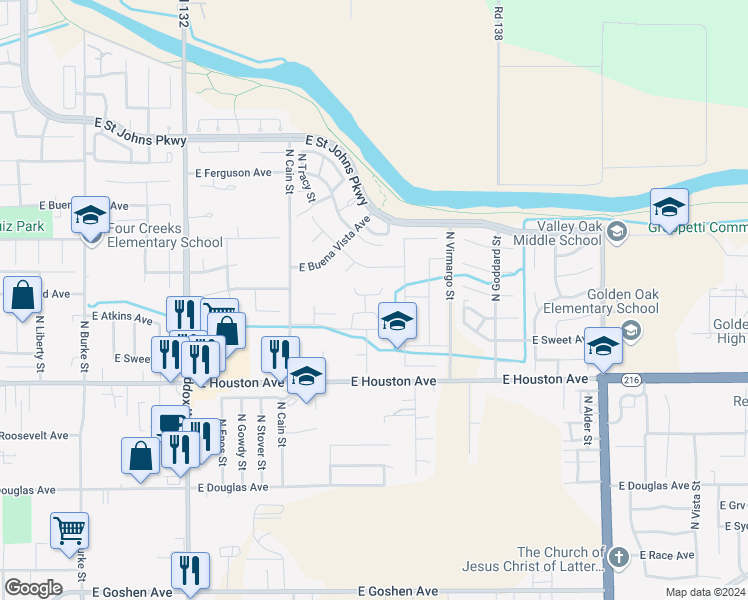 map of restaurants, bars, coffee shops, grocery stores, and more near 2038 East Harold Avenue in Visalia