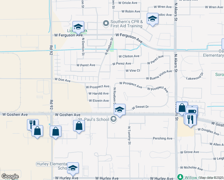 map of restaurants, bars, coffee shops, grocery stores, and more near 1722 North Mae Carden Street in Visalia
