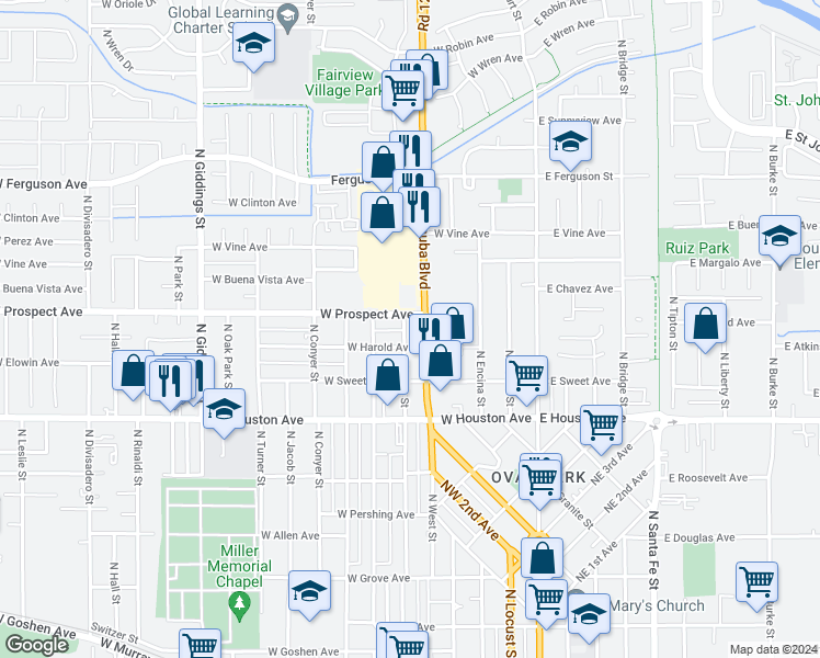 map of restaurants, bars, coffee shops, grocery stores, and more near 1706 North Willis Street in Visalia