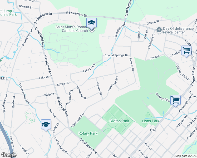 map of restaurants, bars, coffee shops, grocery stores, and more near 1419 Woodmont Drive in Johnson City