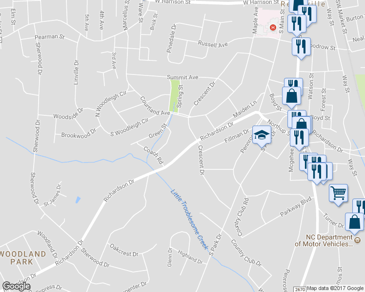 map of restaurants, bars, coffee shops, grocery stores, and more near 1414 Richardson Drive in Reidsville