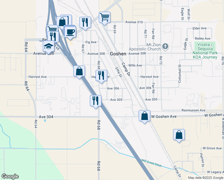 map of restaurants, bars, coffee shops, grocery stores, and more near 6877 Avenue 306 in Goshen