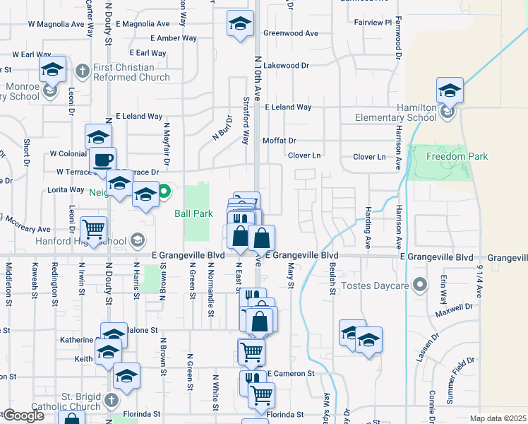 map of restaurants, bars, coffee shops, grocery stores, and more near 1800-1818 N 10th Ave in Hanford
