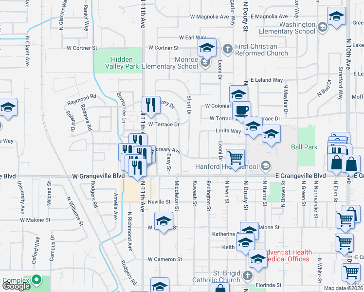 map of restaurants, bars, coffee shops, grocery stores, and more near 1830 Mulberry Drive in Hanford