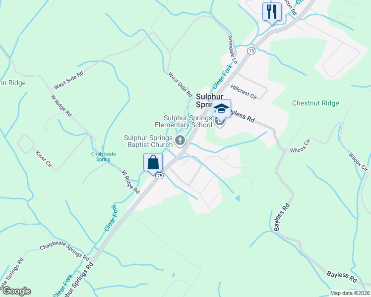 map of restaurants, bars, coffee shops, grocery stores, and more near 1518 Gray Station Sulphur Springs Road in Jonesborough