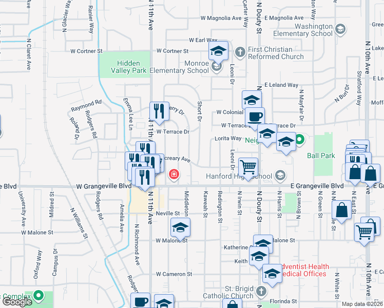 map of restaurants, bars, coffee shops, grocery stores, and more near 1830 Mulberry Drive in Hanford