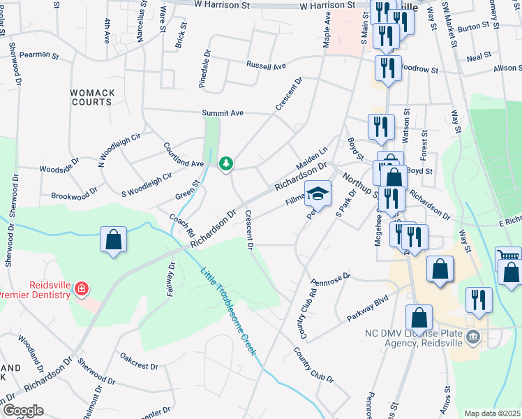 map of restaurants, bars, coffee shops, grocery stores, and more near 1220 Fillman Drive in Reidsville