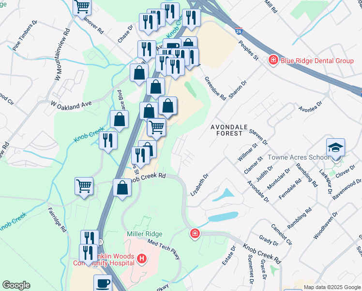 map of restaurants, bars, coffee shops, grocery stores, and more near 1099 Stonecrest Court in Johnson City