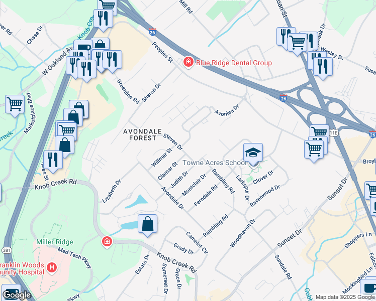 map of restaurants, bars, coffee shops, grocery stores, and more near 2704 Steven Dr in Johnson City