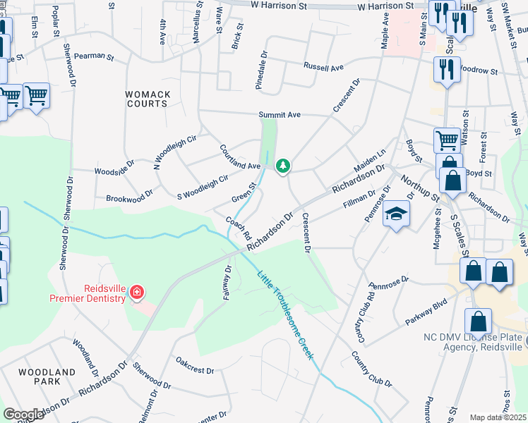 map of restaurants, bars, coffee shops, grocery stores, and more near 1207 Morgan Drive in Reidsville