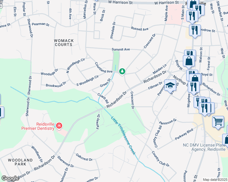 map of restaurants, bars, coffee shops, grocery stores, and more near 1414 Richardson Drive in Reidsville