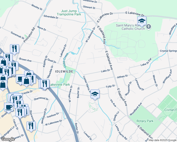 map of restaurants, bars, coffee shops, grocery stores, and more near 911 Lake Drive in Johnson City