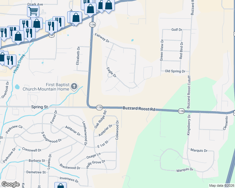 map of restaurants, bars, coffee shops, grocery stores, and more near 706 Tee Drive in Mountain Home