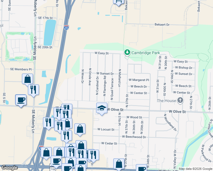 map of restaurants, bars, coffee shops, grocery stores, and more near 1101 North Flamingo Road in Rogers