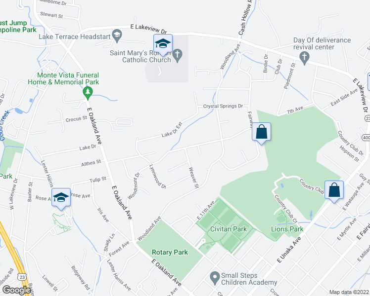 map of restaurants, bars, coffee shops, grocery stores, and more near Woodmont Drive in Johnson City