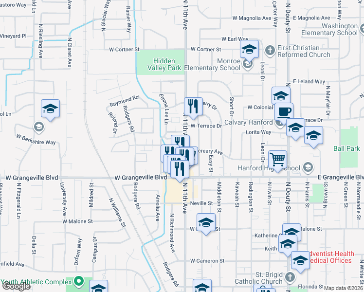 map of restaurants, bars, coffee shops, grocery stores, and more near 1807 North 11th Avenue in Hanford
