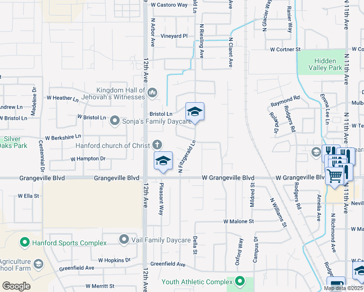 map of restaurants, bars, coffee shops, grocery stores, and more near 1566 West Picadilly Court in Hanford