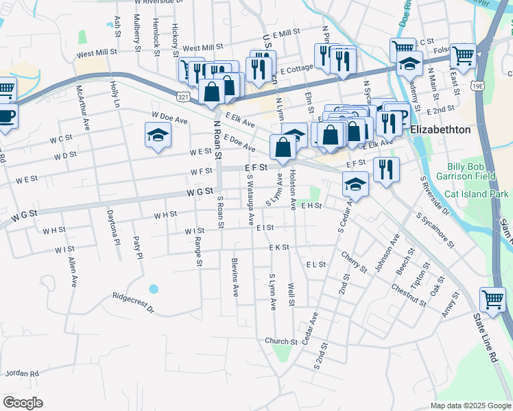 map of restaurants, bars, coffee shops, grocery stores, and more near 214 South Watauga Avenue in Elizabethton