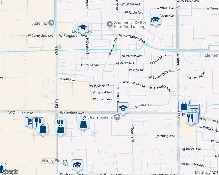 map of restaurants, bars, coffee shops, grocery stores, and more near 6207 West Prospect Avenue in Visalia