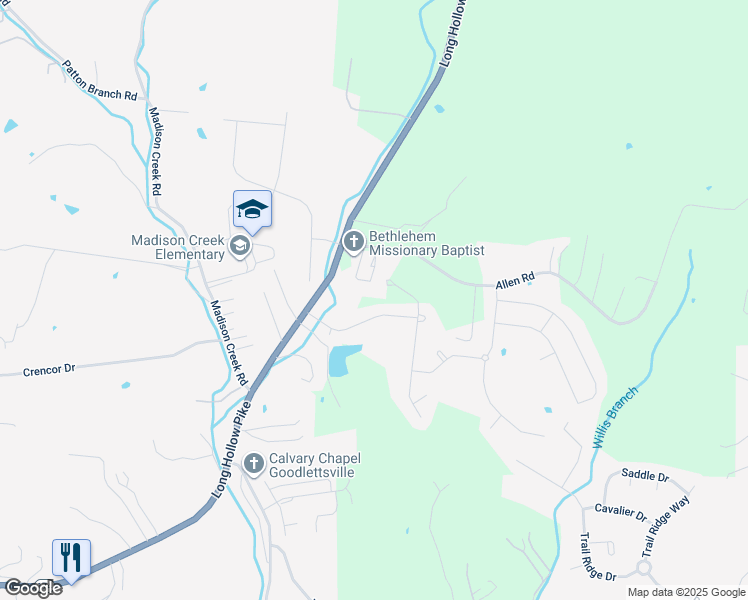 map of restaurants, bars, coffee shops, grocery stores, and more near 124 Copper Creek Drive in Goodlettsville