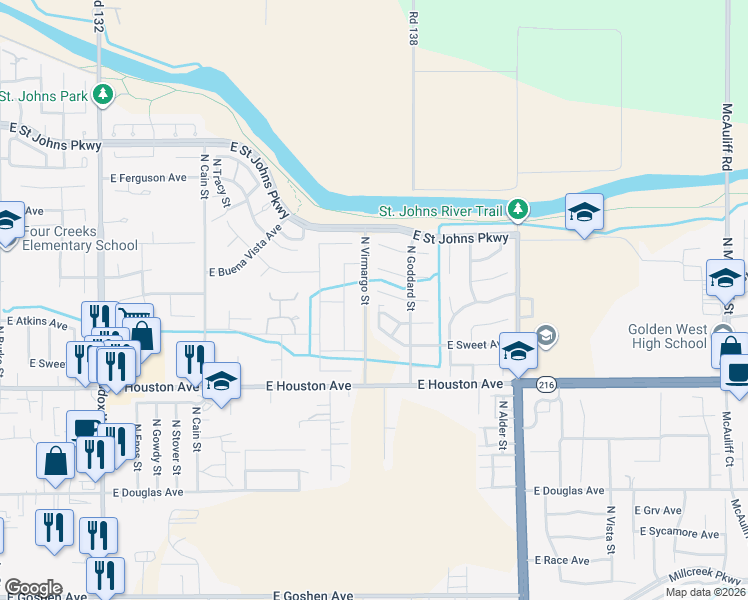 map of restaurants, bars, coffee shops, grocery stores, and more near 2331 East Harold Court in Visalia