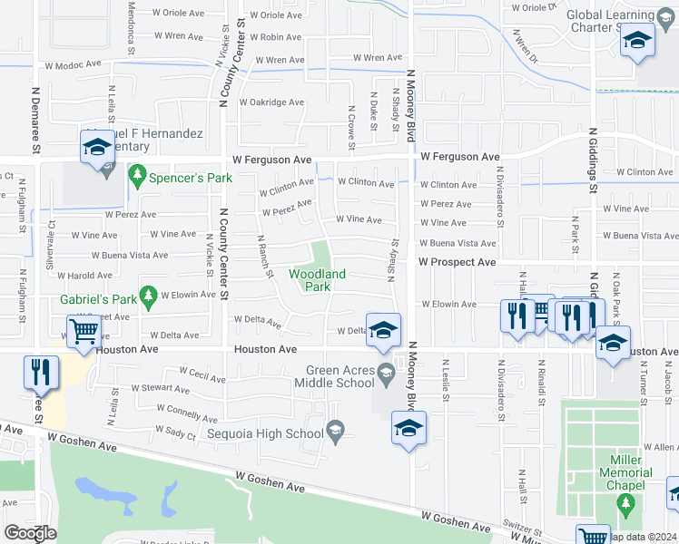 map of restaurants, bars, coffee shops, grocery stores, and more near 1720 North Woodland Street in Visalia