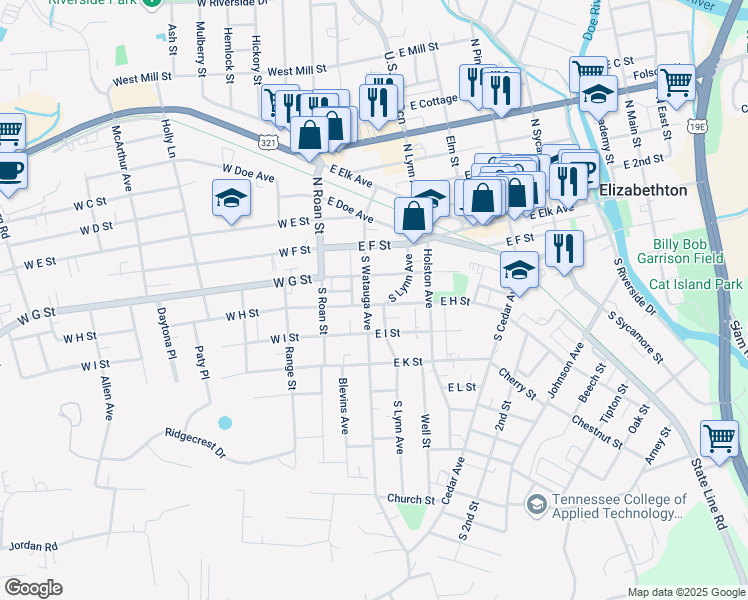 map of restaurants, bars, coffee shops, grocery stores, and more near 214 South Watauga Avenue in Elizabethton