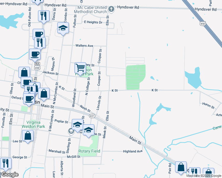 map of restaurants, bars, coffee shops, grocery stores, and more near 502 K Street in Martin