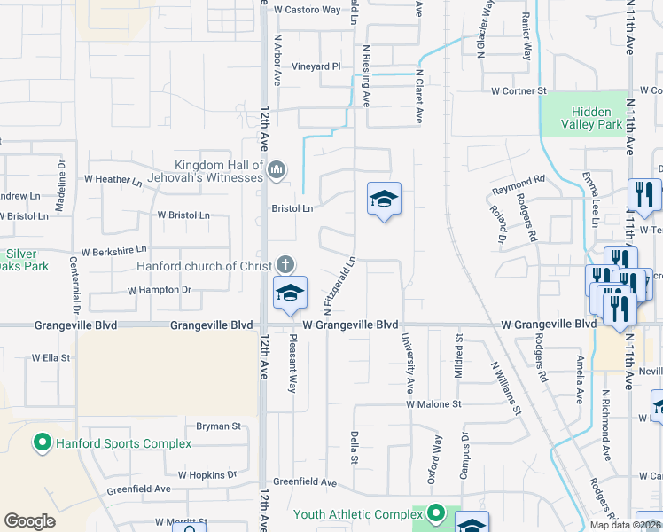 map of restaurants, bars, coffee shops, grocery stores, and more near 1566 West Picadilly Court in Hanford