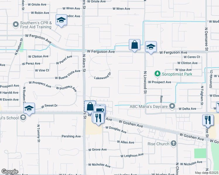 map of restaurants, bars, coffee shops, grocery stores, and more near 3238 North Pratos Street in Visalia