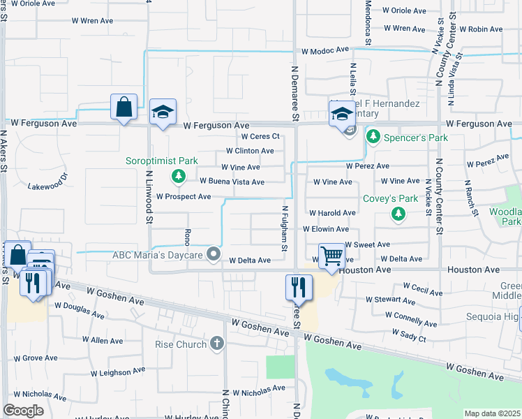 map of restaurants, bars, coffee shops, grocery stores, and more near 3832 West Harold Avenue in Visalia