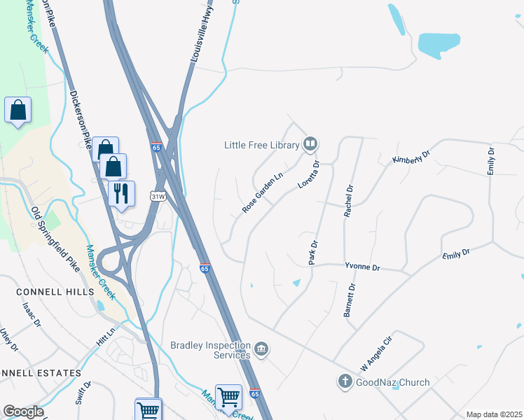 map of restaurants, bars, coffee shops, grocery stores, and more near 844 Loretta Drive in Goodlettsville