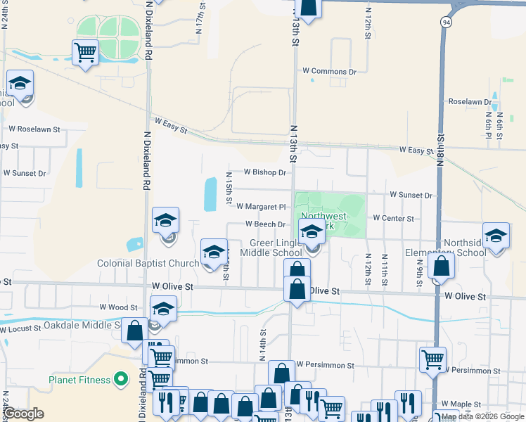 map of restaurants, bars, coffee shops, grocery stores, and more near 1308 West Margaret Place in Rogers