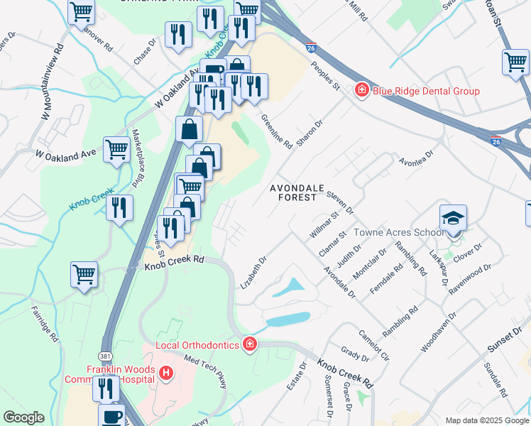 map of restaurants, bars, coffee shops, grocery stores, and more near 712 Douglas Drive in Johnson City