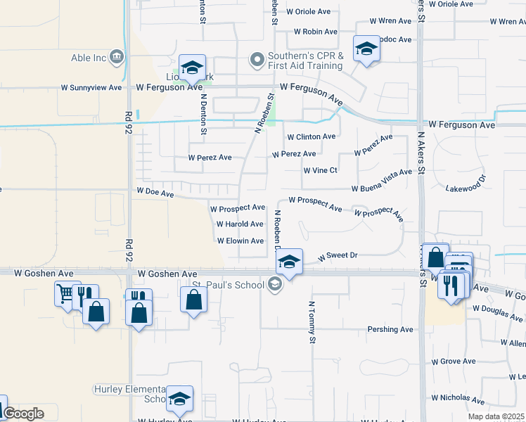 map of restaurants, bars, coffee shops, grocery stores, and more near 6207 West Prospect Avenue in Visalia