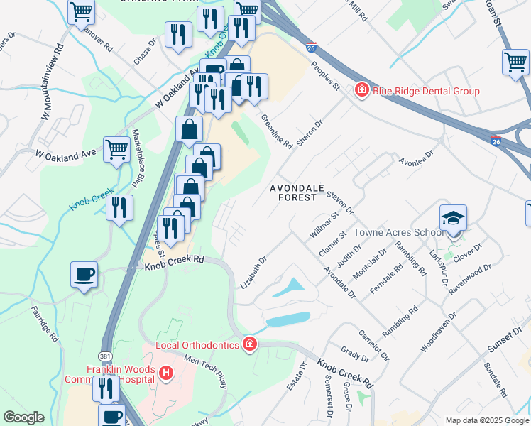 map of restaurants, bars, coffee shops, grocery stores, and more near 712 Douglas Drive in Johnson City