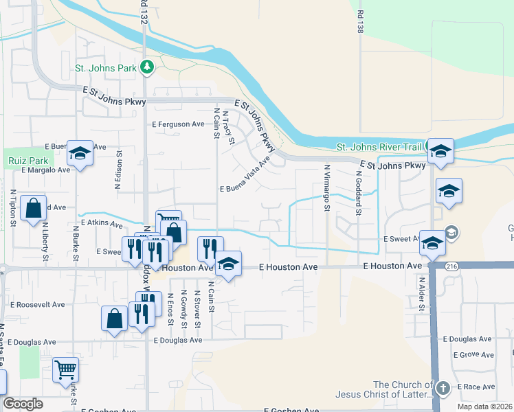 map of restaurants, bars, coffee shops, grocery stores, and more near 1948 E Harold Ave in Visalia