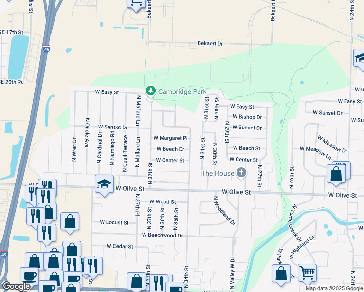map of restaurants, bars, coffee shops, grocery stores, and more near 3405 West Beech Drive in Rogers
