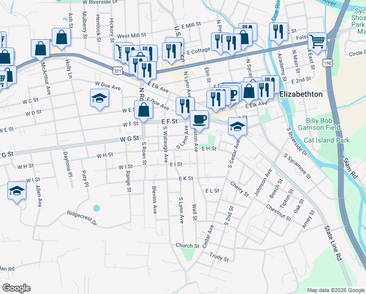 map of restaurants, bars, coffee shops, grocery stores, and more near 309 East H Street in Elizabethton