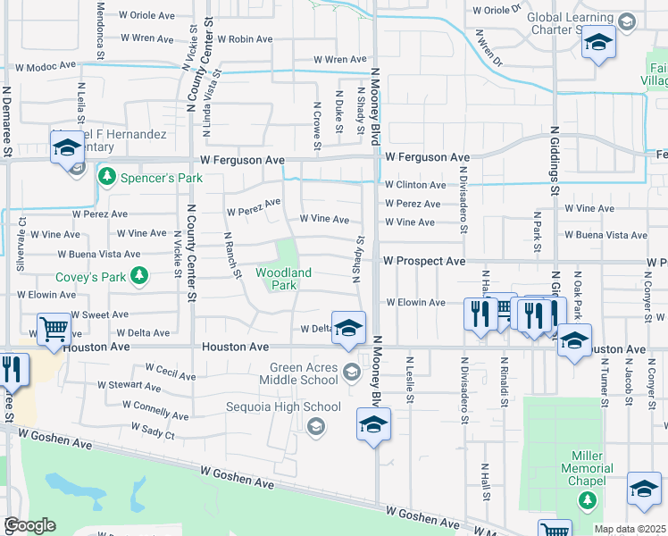 map of restaurants, bars, coffee shops, grocery stores, and more near 2308 West Harold Court in Visalia