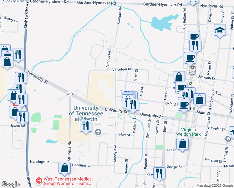 map of restaurants, bars, coffee shops, grocery stores, and more near 120 Moody Avenue in Martin