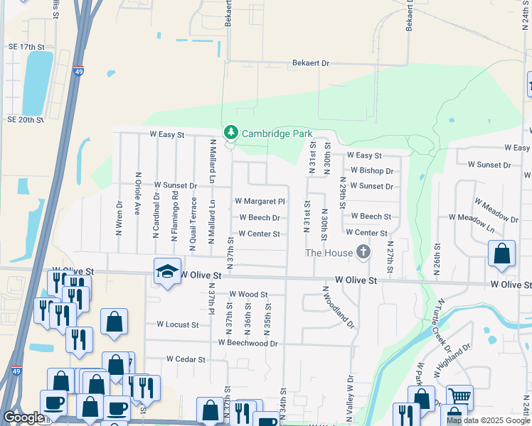 map of restaurants, bars, coffee shops, grocery stores, and more near 3503 West Beech Drive in Rogers