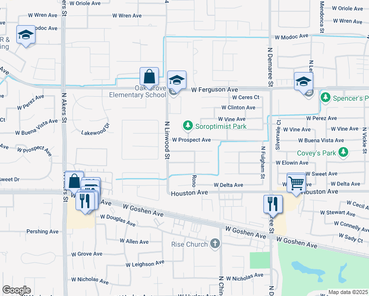 map of restaurants, bars, coffee shops, grocery stores, and more near 4410 West Harold Avenue in Visalia