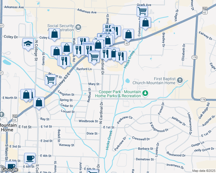 map of restaurants, bars, coffee shops, grocery stores, and more near 505 Willow Lane in Mountain Home