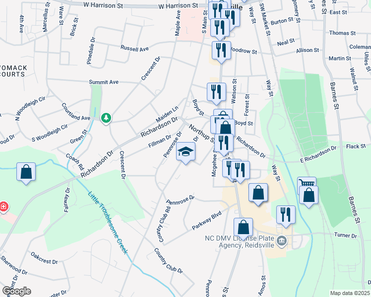 map of restaurants, bars, coffee shops, grocery stores, and more near 1220 South Park Drive in Reidsville