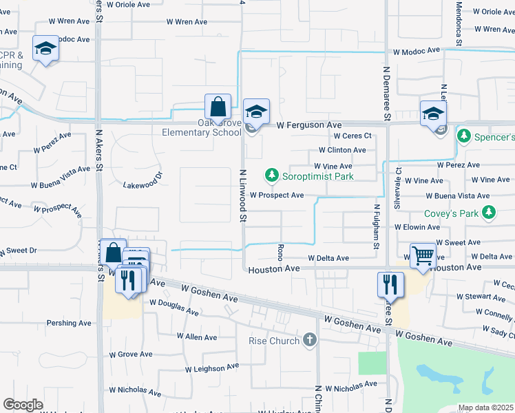 map of restaurants, bars, coffee shops, grocery stores, and more near 4410 West Harold Avenue in Visalia