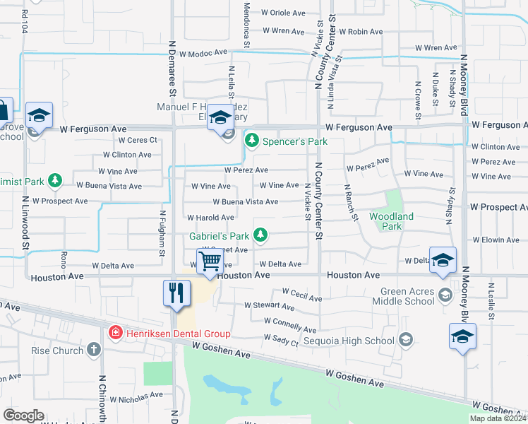 map of restaurants, bars, coffee shops, grocery stores, and more near 3210 West Harold Court in Visalia