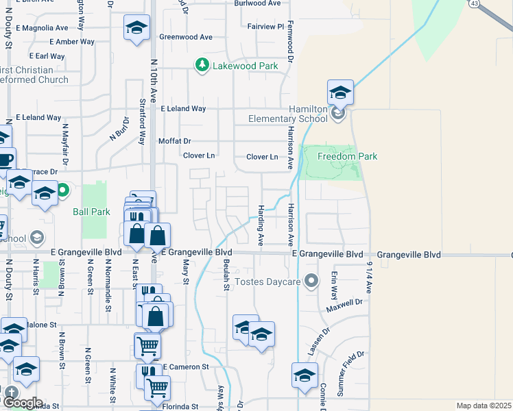 map of restaurants, bars, coffee shops, grocery stores, and more near 1826 Harding Avenue in Hanford