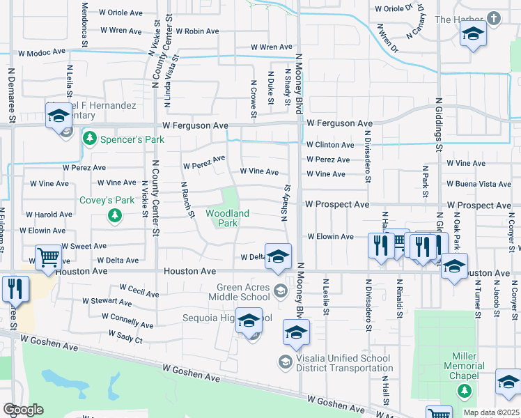 map of restaurants, bars, coffee shops, grocery stores, and more near 2322 West Harold Court in Visalia