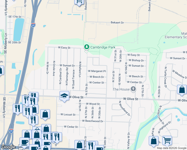 map of restaurants, bars, coffee shops, grocery stores, and more near 3603 West Beech Drive in Rogers